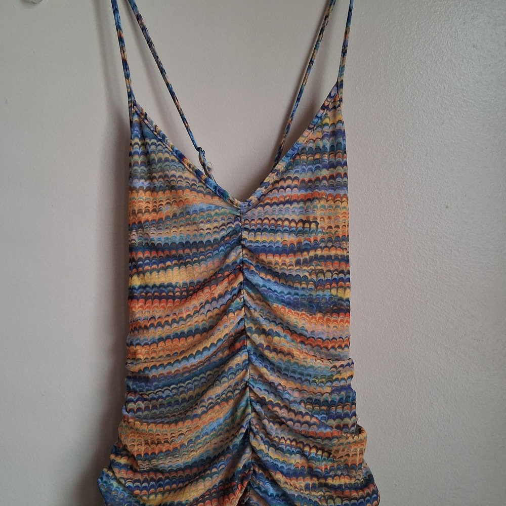 Wild Fable Multi Marbled Print Ruched Ruffle Mini Dress XS Adjustable Strap - Picture 3 of 6